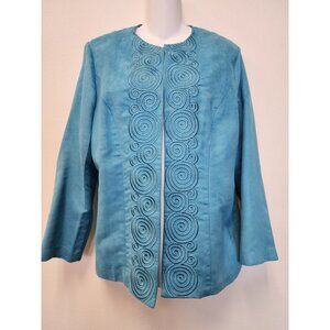 BFA Classics Blazer Jacket Women Medium Blue Faux Suede Embroidered